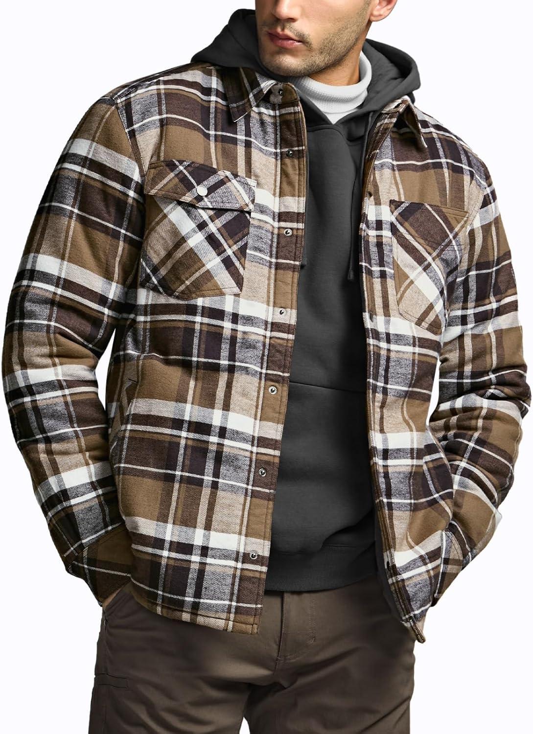 imageCQR Mens Flannel Shirt Jacket Long Sleeve Winter Warm Outdoor Casual Plaid Jacket Coat with PocketsSherpa Stealth Aged Barrel