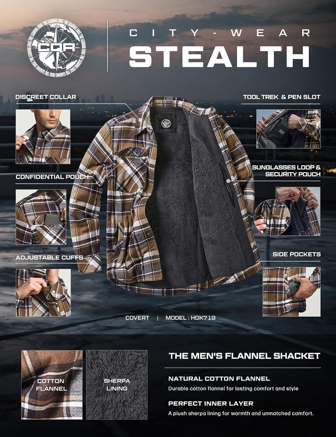imageCQR Mens Flannel Shirt Jacket Long Sleeve Winter Warm Outdoor Casual Plaid Jacket Coat with PocketsSherpa Stealth Aged Barrel