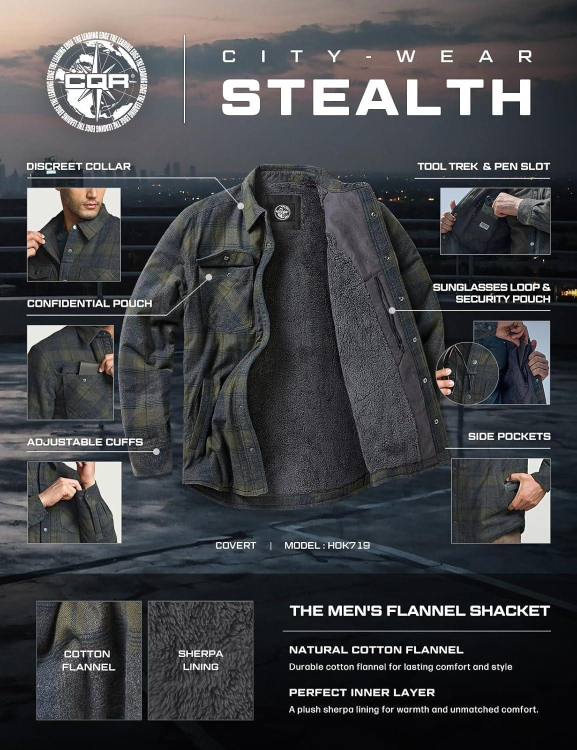 imageCQR Mens Flannel Shirt Jacket Long Sleeve Winter Warm Outdoor Casual Plaid Jacket Coat with PocketsSherpa Stealth Amazon Grey