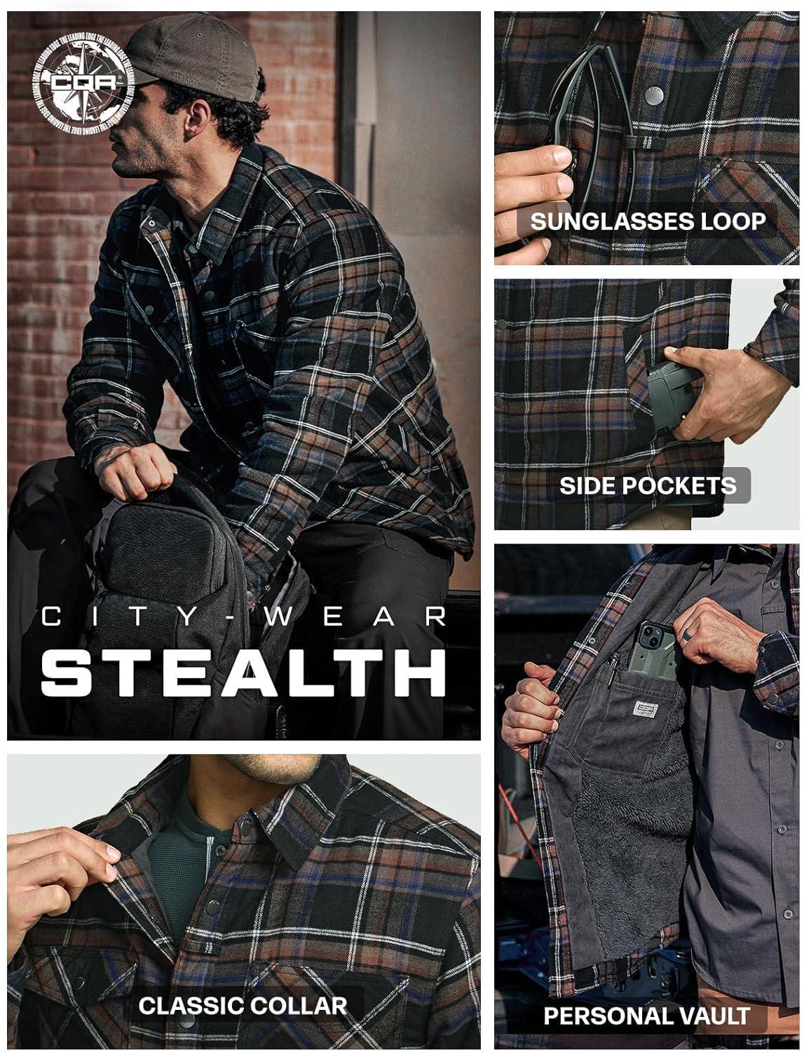 imageCQR Mens Flannel Shirt Jacket Long Sleeve Winter Warm Outdoor Casual Plaid Jacket Coat with PocketsSherpa Stealth Coal Miner