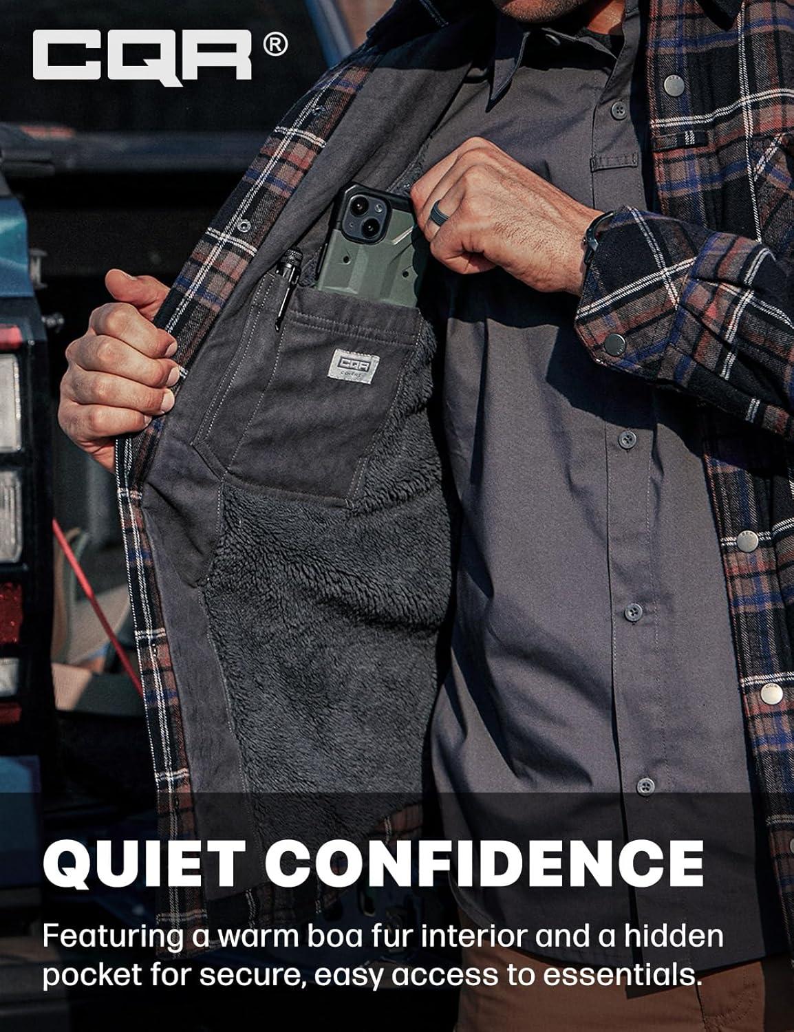 imageCQR Mens Flannel Shirt Jacket Long Sleeve Winter Warm Outdoor Casual Plaid Jacket Coat with PocketsSherpa Stealth Coal Miner