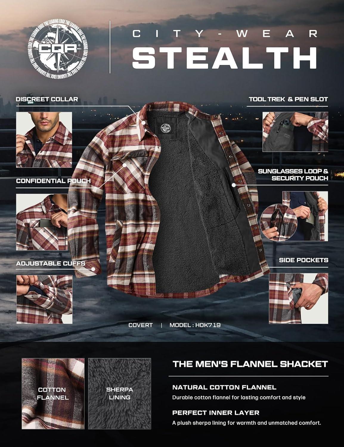 imageCQR Mens Flannel Shirt Jacket Long Sleeve Winter Warm Outdoor Casual Plaid Jacket Coat with PocketsSherpa Stealth Folk Tale