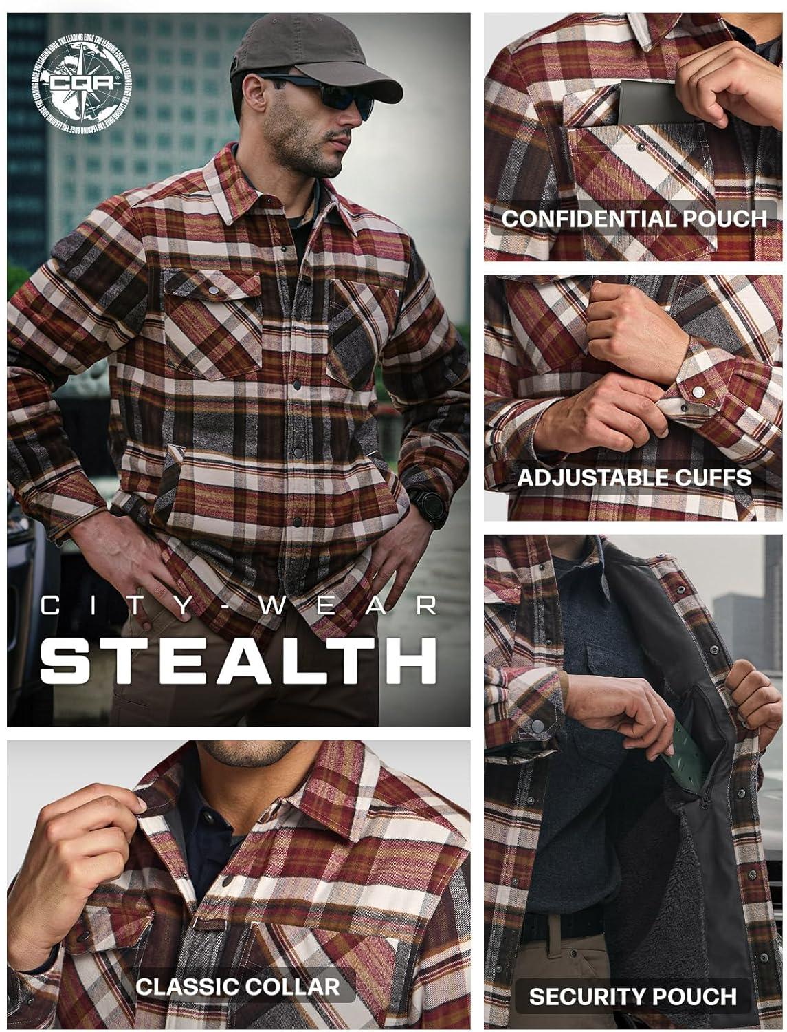 imageCQR Mens Flannel Shirt Jacket Long Sleeve Winter Warm Outdoor Casual Plaid Jacket Coat with PocketsSherpa Stealth Folk Tale
