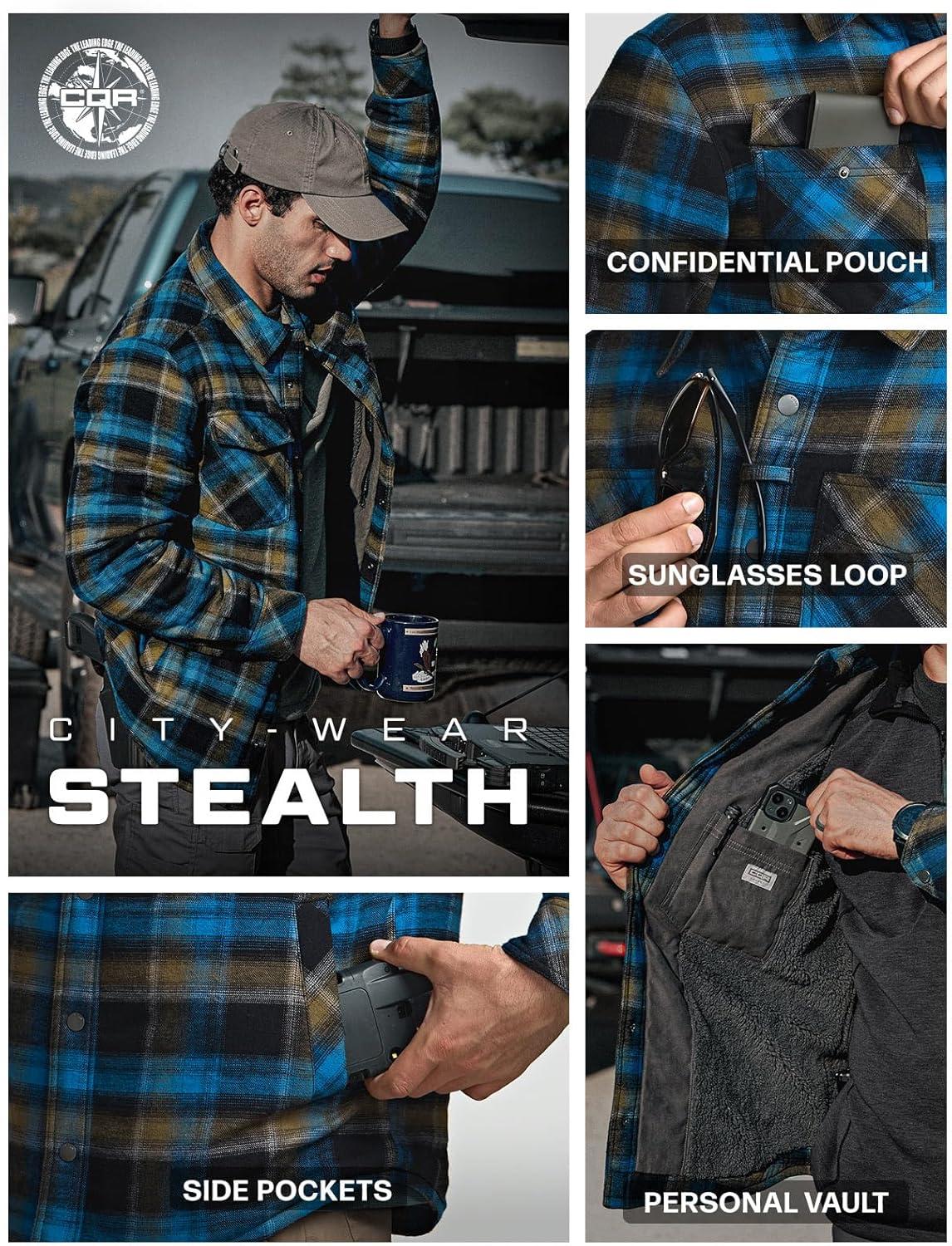 imageCQR Mens Flannel Shirt Jacket Long Sleeve Winter Warm Outdoor Casual Plaid Jacket Coat with PocketsSherpa Stealth Forest Oasis