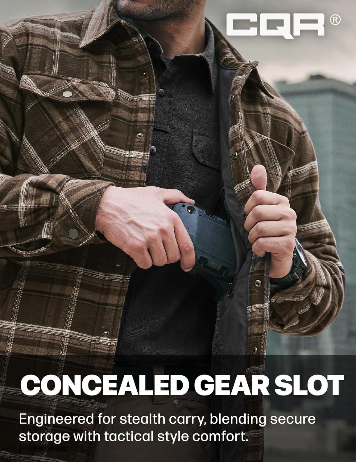 imageCQR Mens Flannel Shirt Jacket Long Sleeve Winter Warm Outdoor Casual Plaid Jacket Coat with PocketsSherpa Stealth Hickory Green