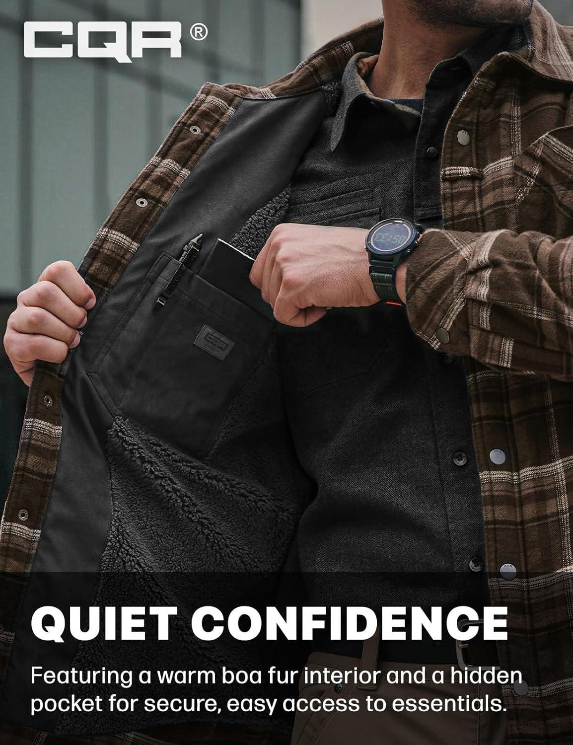 imageCQR Mens Flannel Shirt Jacket Long Sleeve Winter Warm Outdoor Casual Plaid Jacket Coat with PocketsSherpa Stealth Hickory Green