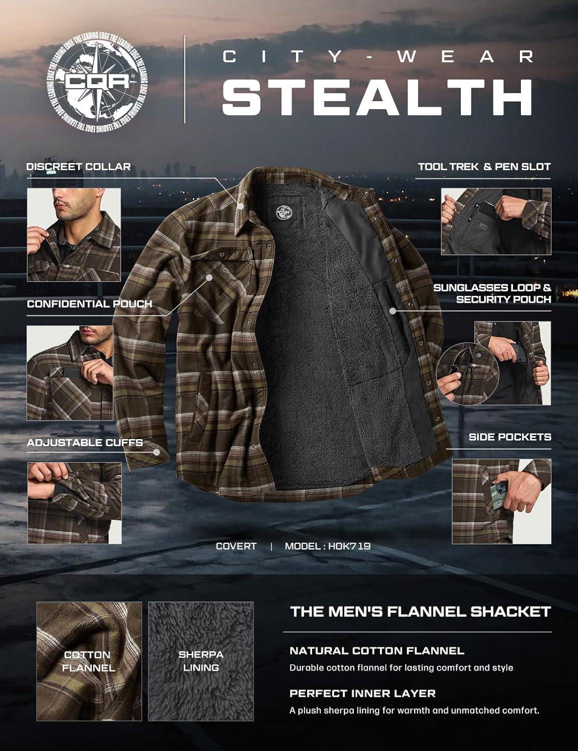 imageCQR Mens Flannel Shirt Jacket Long Sleeve Winter Warm Outdoor Casual Plaid Jacket Coat with PocketsSherpa Stealth Hickory Green