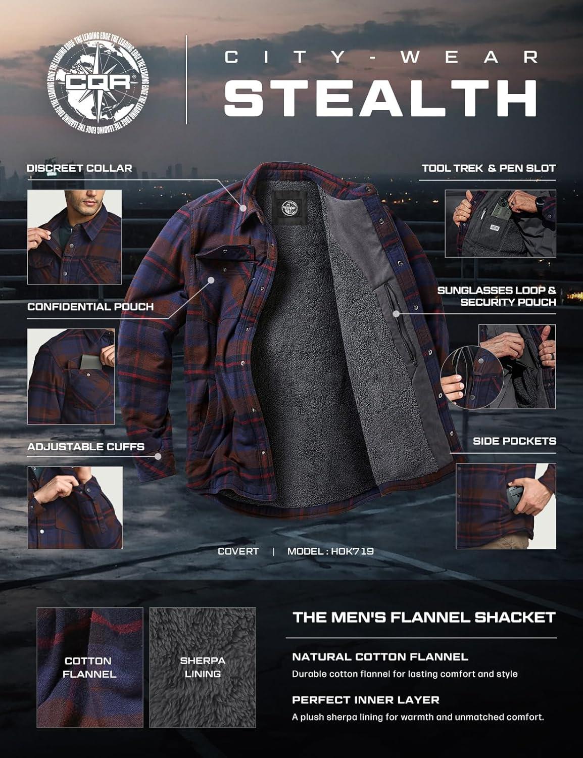 imageCQR Mens Flannel Shirt Jacket Long Sleeve Winter Warm Outdoor Casual Plaid Jacket Coat with PocketsSherpa Stealth Woods Night