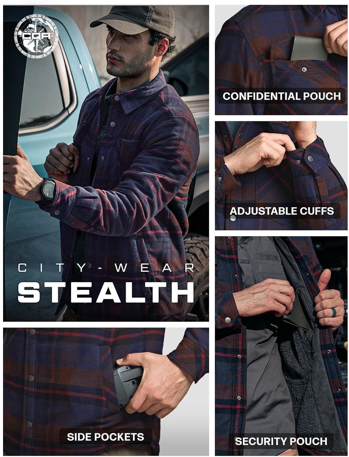 imageCQR Mens Flannel Shirt Jacket Long Sleeve Winter Warm Outdoor Casual Plaid Jacket Coat with PocketsSherpa Stealth Woods Night