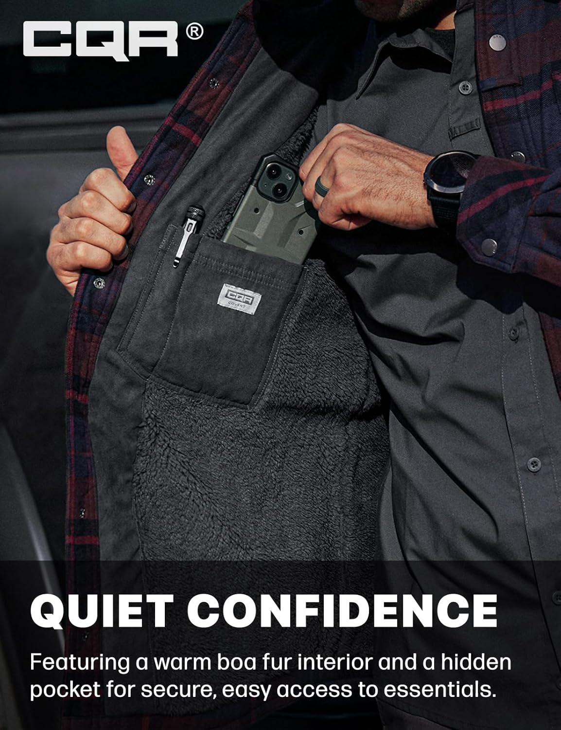 imageCQR Mens Flannel Shirt Jacket Long Sleeve Winter Warm Outdoor Casual Plaid Jacket Coat with PocketsSherpa Stealth Woods Night