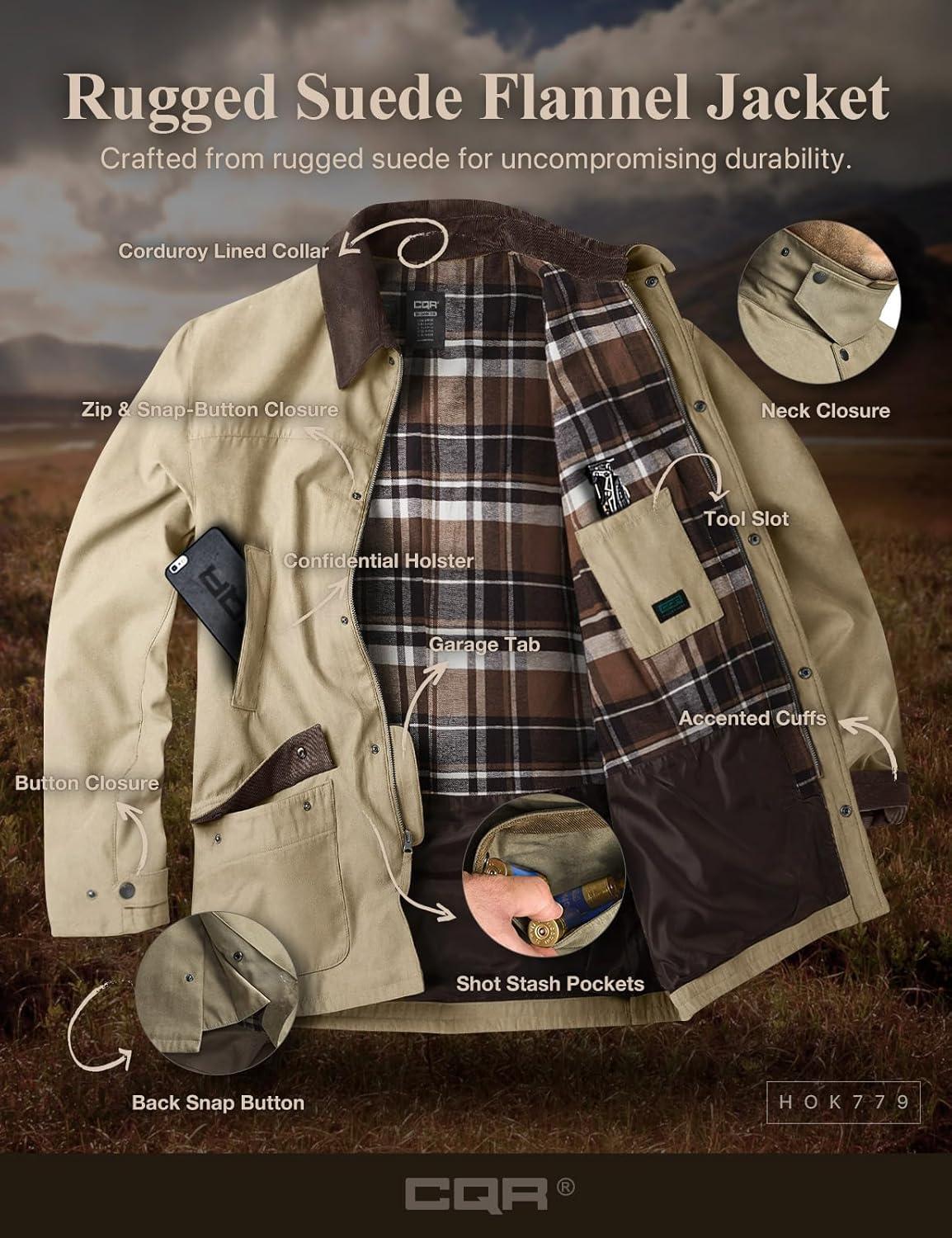 imageCQR Mens Flannel Shirt Jacket Long Sleeve Winter Warm Outdoor Casual Plaid Jacket Coat with PocketsSuede Huntsman Aged Barrel