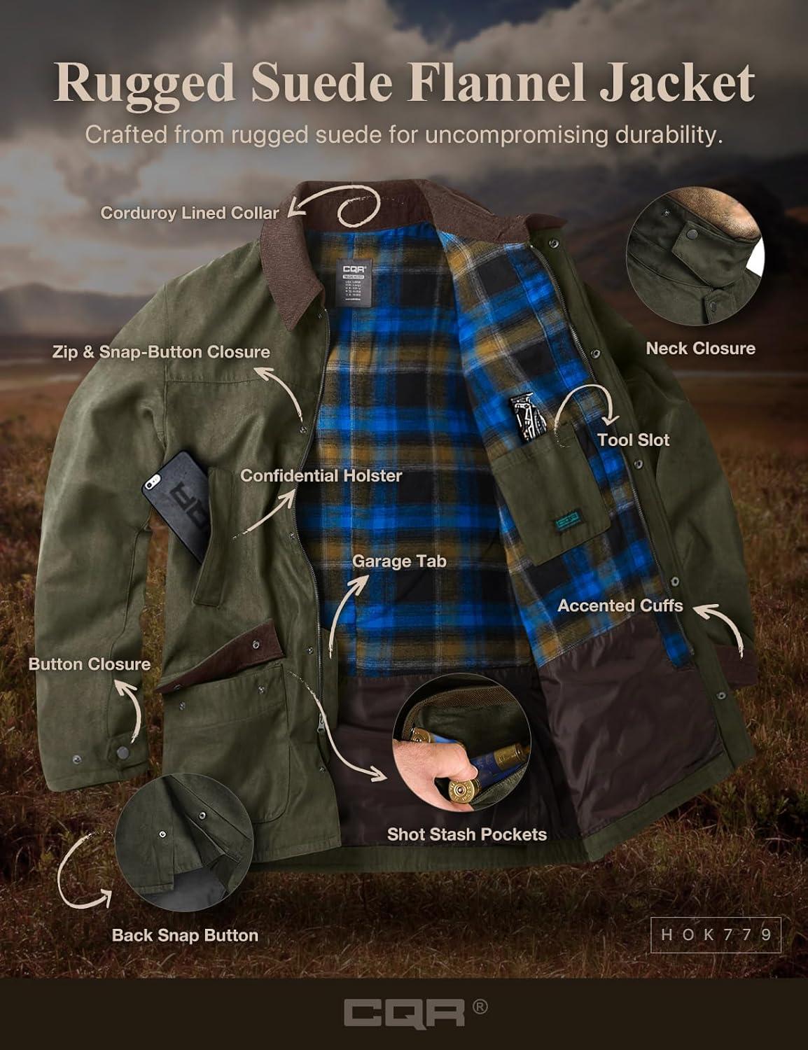 imageCQR Mens Flannel Shirt Jacket Long Sleeve Winter Warm Outdoor Casual Plaid Jacket Coat with PocketsSuede Huntsman Forest Oasis