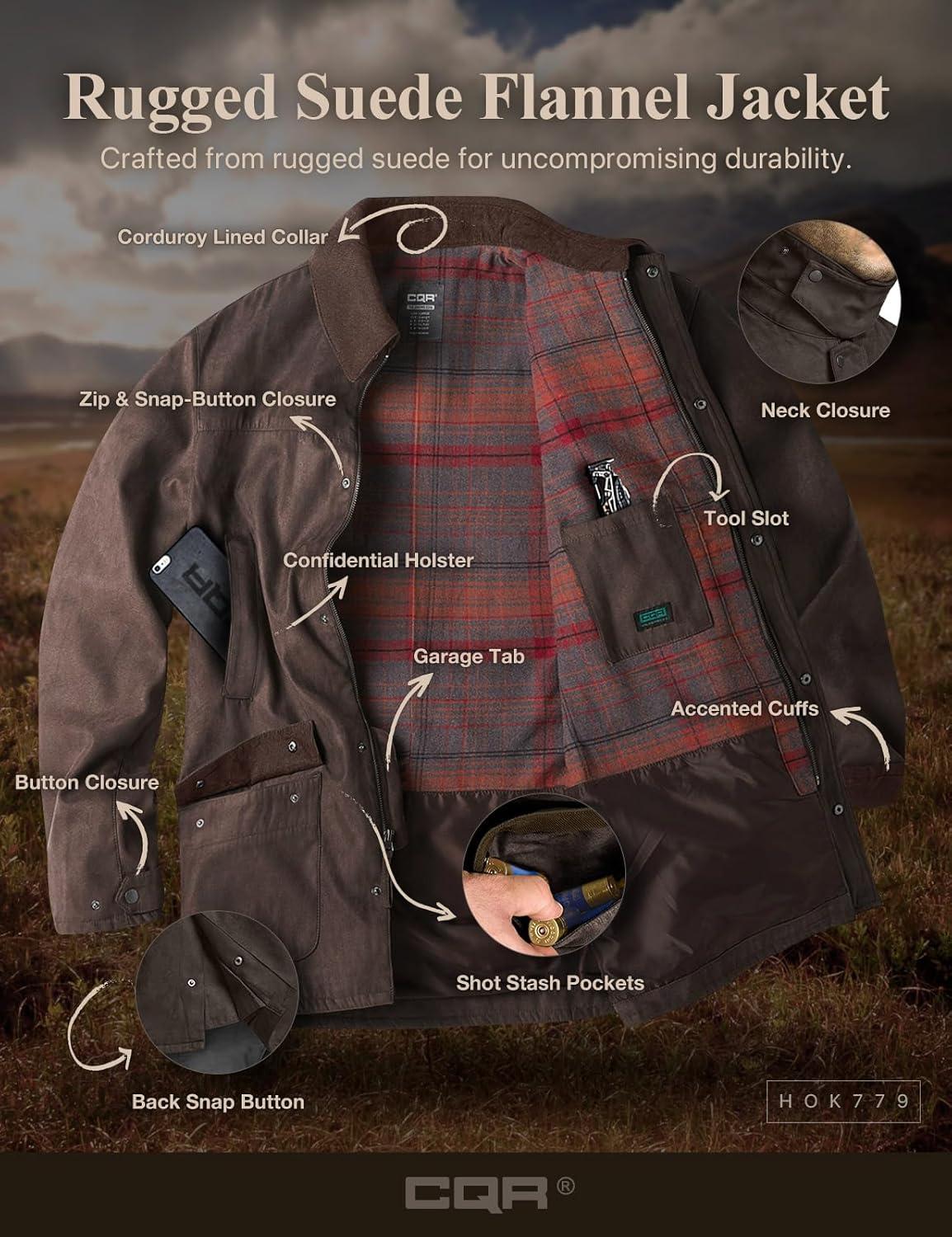 imageCQR Mens Flannel Shirt Jacket Long Sleeve Winter Warm Outdoor Casual Plaid Jacket Coat with PocketsSuede Huntsman Harvest