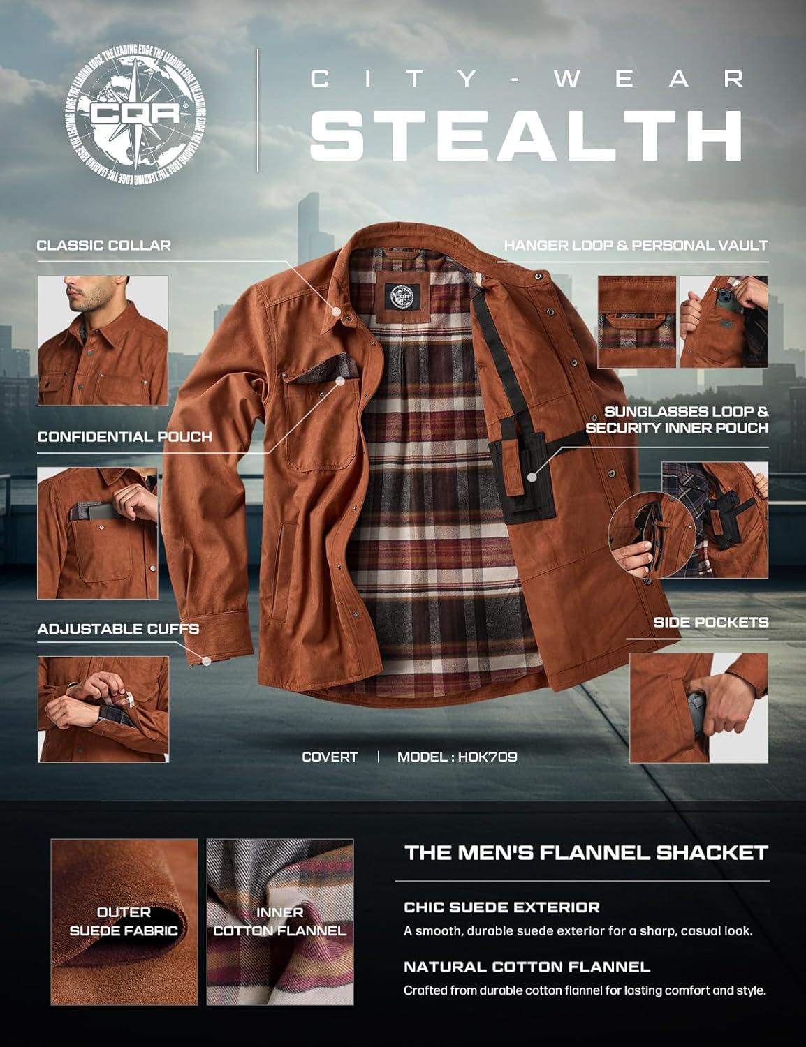 imageCQR Mens Flannel Shirt Jacket Long Sleeve Winter Warm Outdoor Casual Plaid Jacket Coat with PocketsSuede Stealth Copper Brown Folk Tale