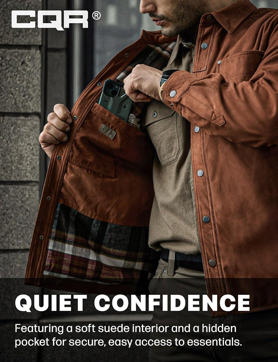 imageCQR Mens Flannel Shirt Jacket Long Sleeve Winter Warm Outdoor Casual Plaid Jacket Coat with PocketsSuede Stealth Copper Brown Folk Tale