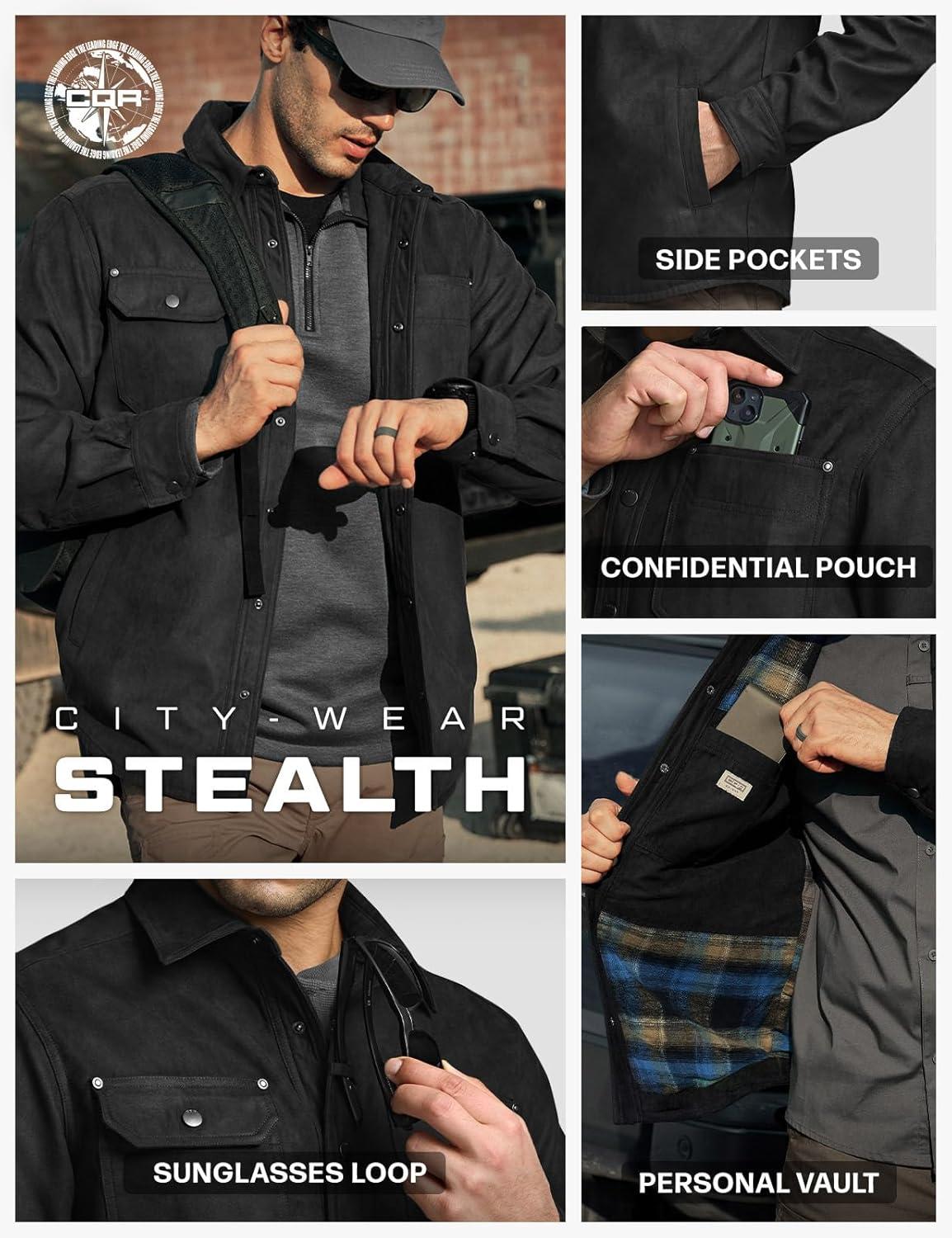 imageCQR Mens Flannel Shirt Jacket Long Sleeve Winter Warm Outdoor Casual Plaid Jacket Coat with PocketsSuede Stealth Forest Oasis