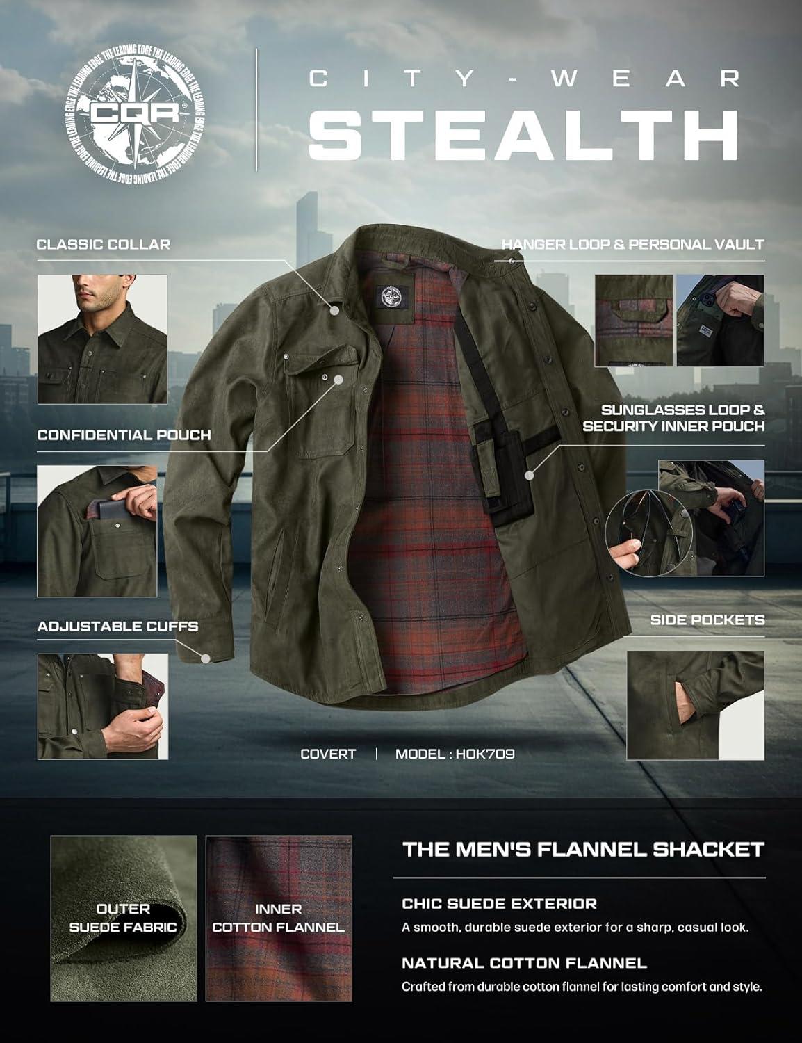 imageCQR Mens Flannel Shirt Jacket Long Sleeve Winter Warm Outdoor Casual Plaid Jacket Coat with PocketsSuede Stealth Harvest