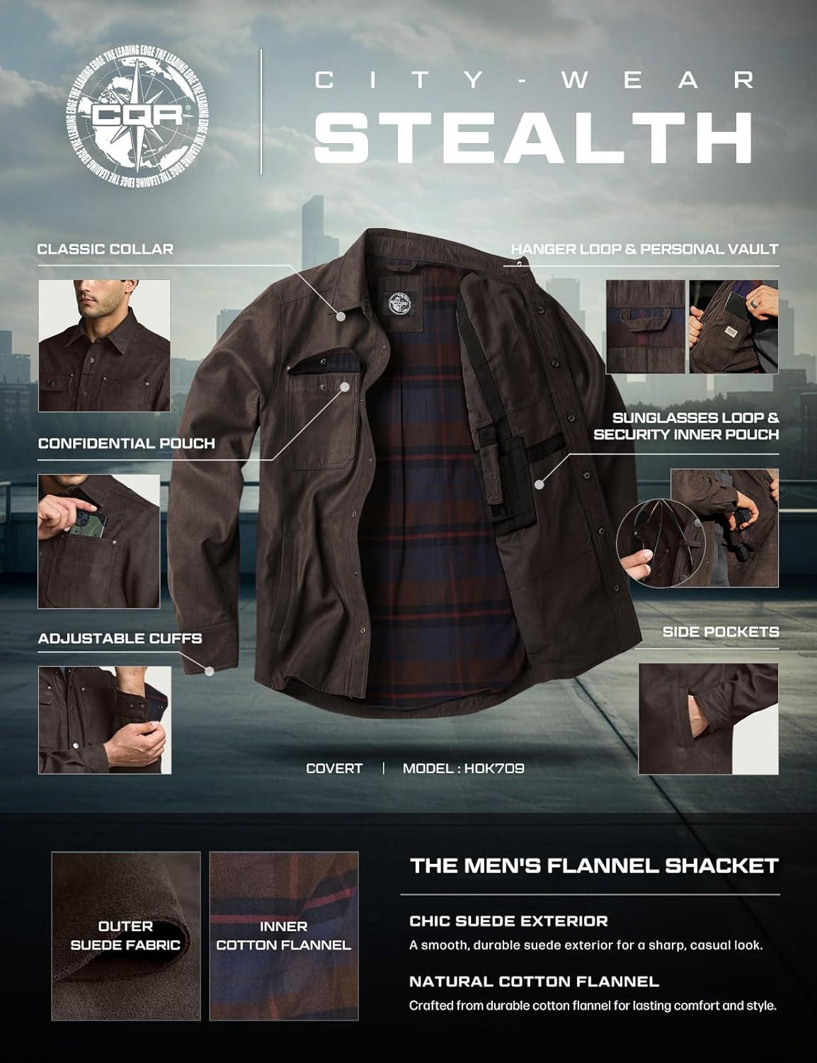 imageCQR Mens Flannel Shirt Jacket Long Sleeve Winter Warm Outdoor Casual Plaid Jacket Coat with PocketsSuede Stealth Woods Night