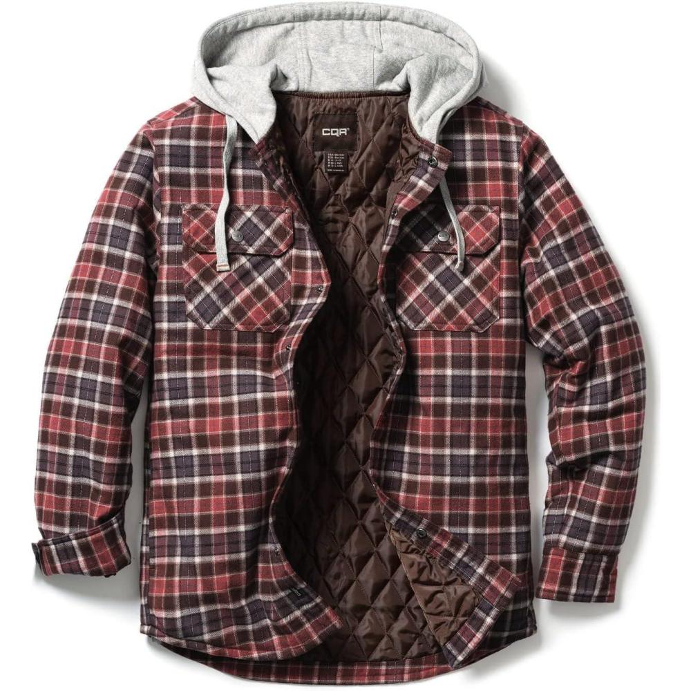 imageCQR Mens Flannel Shirt Jacket Long Sleeve Winter Warm Outdoor Casual Plaid Jacket Coat with PocketsHoodie Basic Burnt Larch