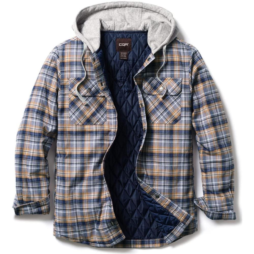 imageCQR Mens Flannel Shirt Jacket Long Sleeve Winter Warm Outdoor Casual Plaid Jacket Coat with PocketsHoodie Basic Cliff Hanger