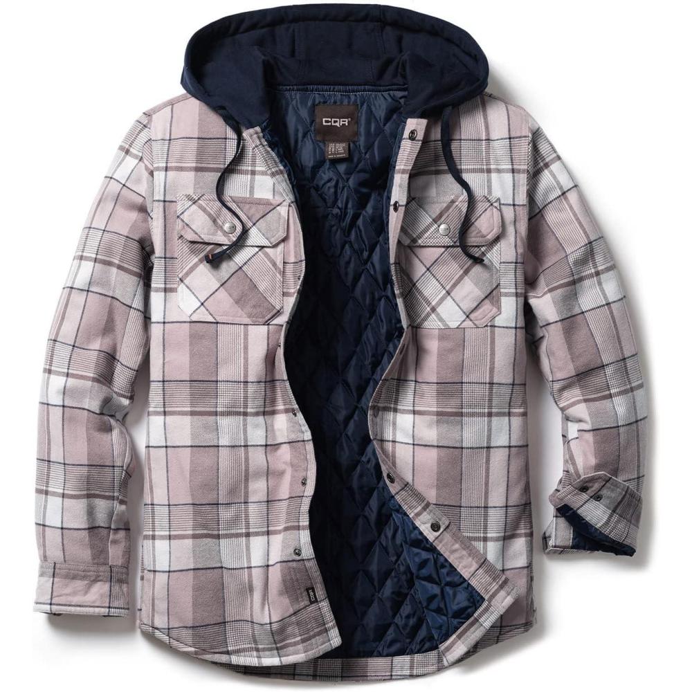 imageCQR Mens Flannel Shirt Jacket Long Sleeve Winter Warm Outdoor Casual Plaid Jacket Coat with PocketsHoodie Basic Cloudy Home