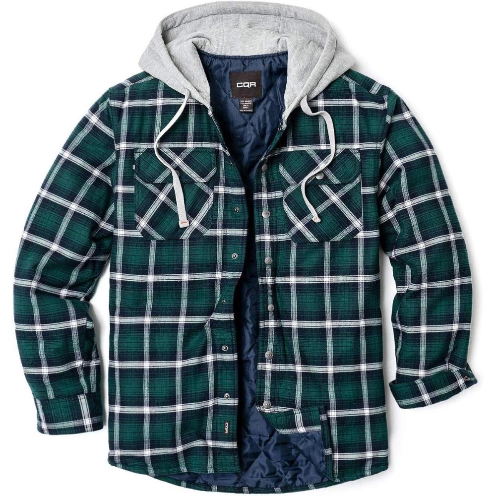 imageCQR Mens Flannel Shirt Jacket Long Sleeve Winter Warm Outdoor Casual Plaid Jacket Coat with PocketsHoodie Basic Green Ombre