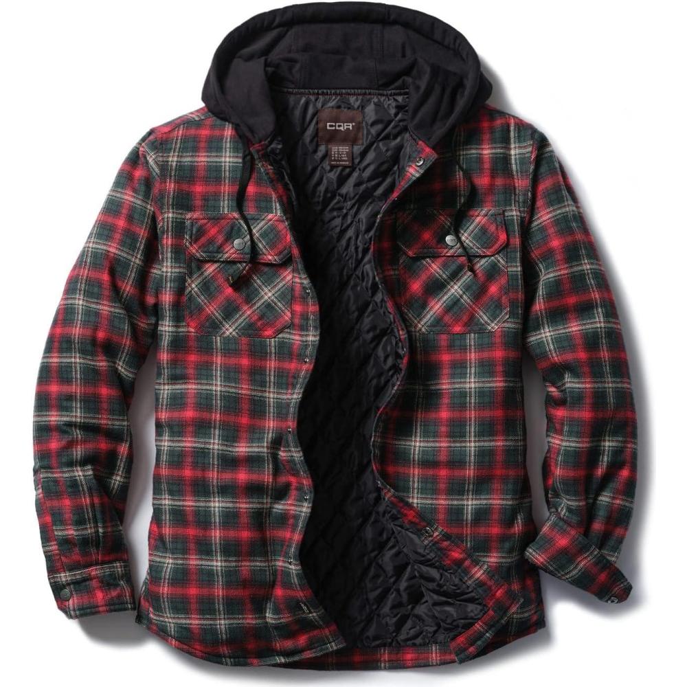 imageCQR Mens Flannel Shirt Jacket Long Sleeve Winter Warm Outdoor Casual Plaid Jacket Coat with PocketsHoodie Basic Holiday Mood