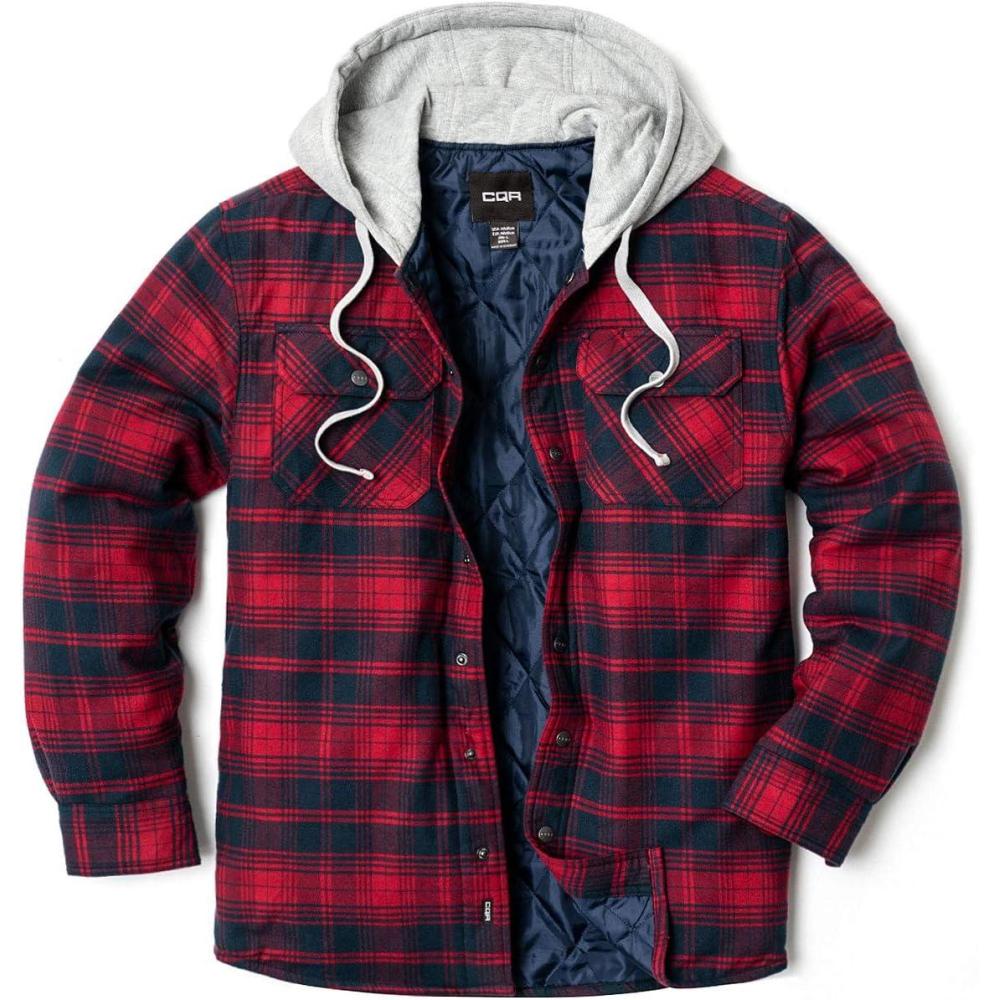imageCQR Mens Flannel Shirt Jacket Long Sleeve Winter Warm Outdoor Casual Plaid Jacket Coat with PocketsHoodie Basic Red Navy