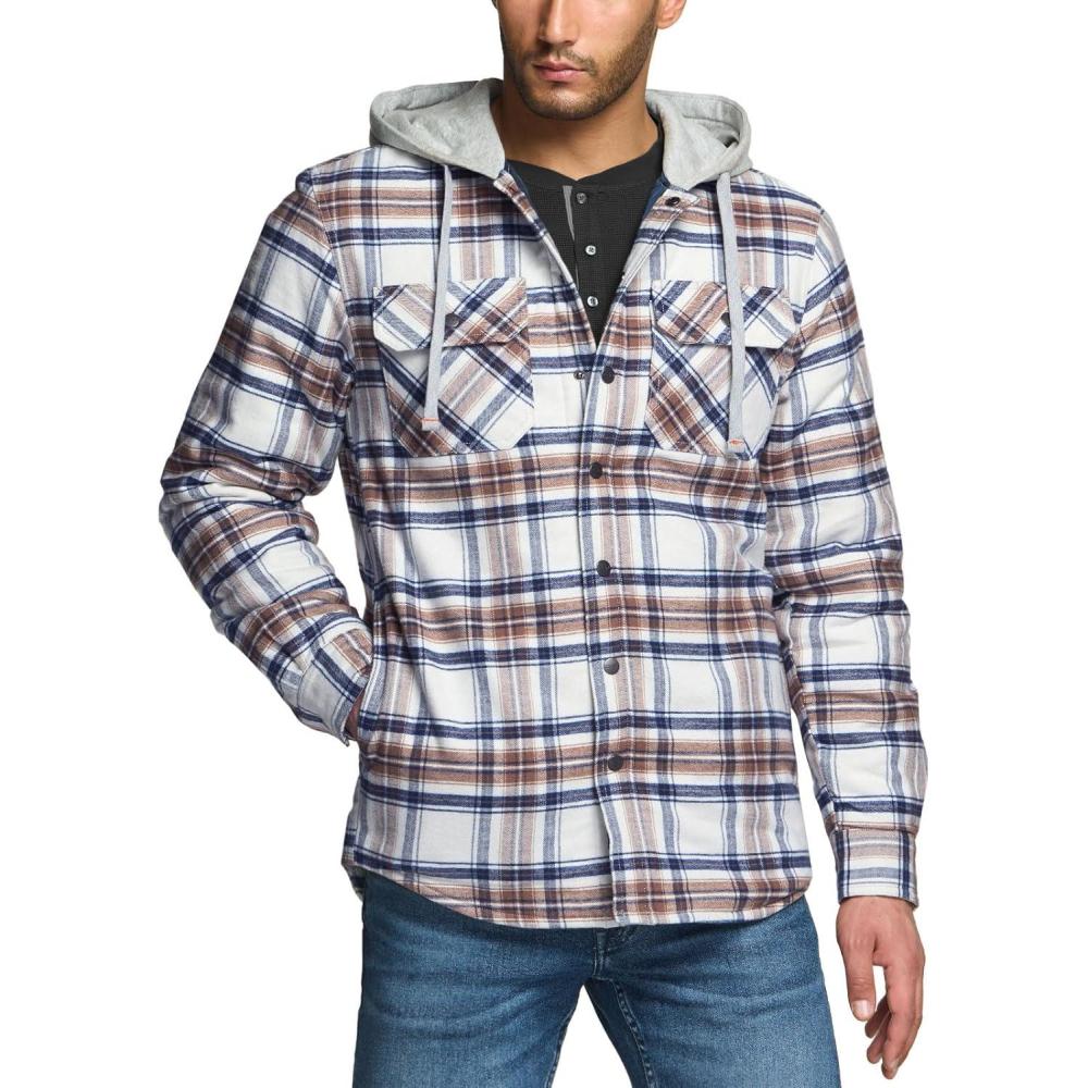 imageCQR Mens Flannel Shirt Jacket Long Sleeve Winter Warm Outdoor Casual Plaid Jacket Coat with PocketsHoodie Basic Wild Rice