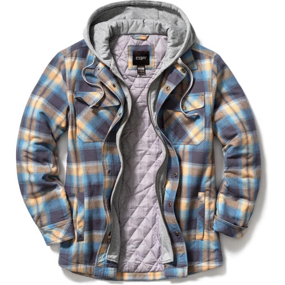 imageCQR Mens Flannel Shirt Jacket Long Sleeve Winter Warm Outdoor Casual Plaid Jacket Coat with PocketsHoodie Plaid Oceansand