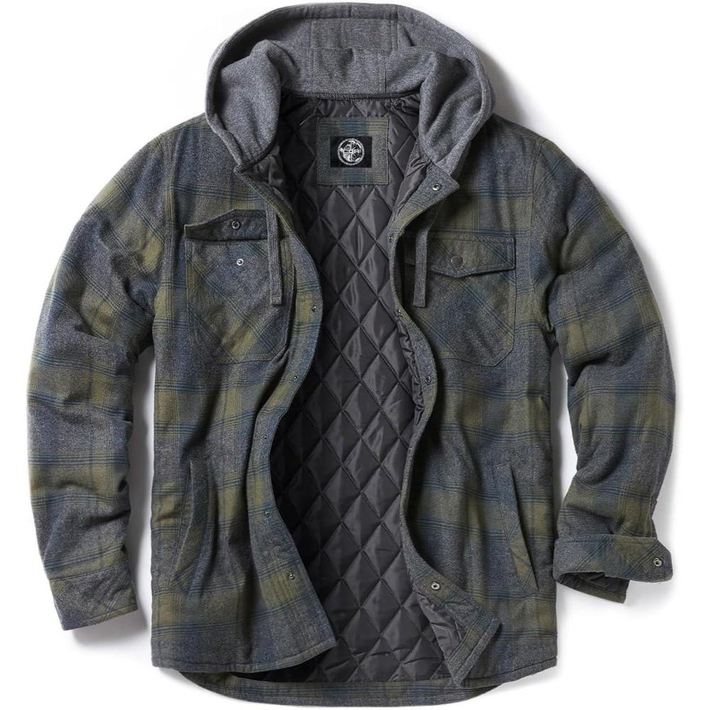 imageCQR Mens Flannel Shirt Jacket Long Sleeve Winter Warm Outdoor Casual Plaid Jacket Coat with PocketsHoodie Stealth Amazon Grey