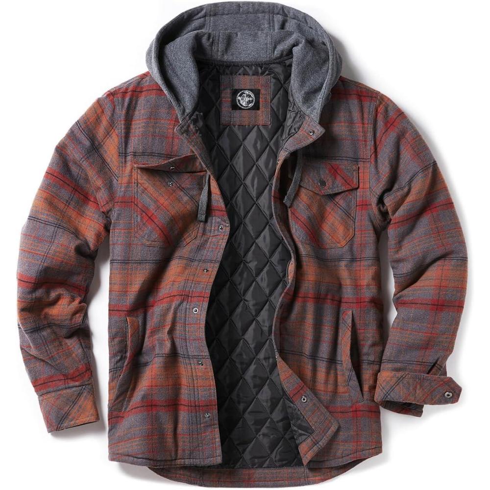 imageCQR Mens Flannel Shirt Jacket Long Sleeve Winter Warm Outdoor Casual Plaid Jacket Coat with PocketsHoodie Stealth Harvest