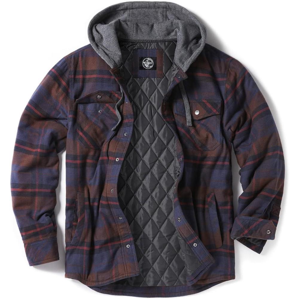 imageCQR Mens Flannel Shirt Jacket Long Sleeve Winter Warm Outdoor Casual Plaid Jacket Coat with PocketsHoodie Stealth Woods Night