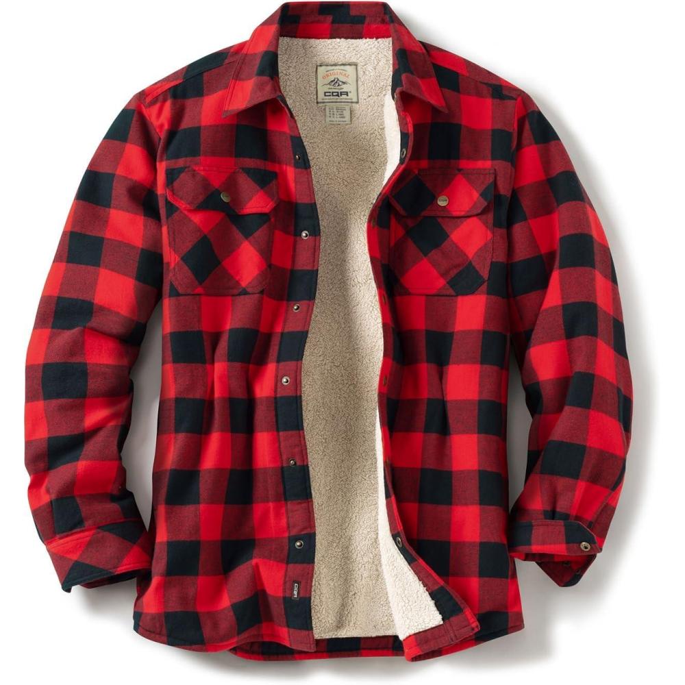imageCQR Mens Flannel Shirt Jacket Long Sleeve Winter Warm Outdoor Casual Plaid Jacket Coat with PocketsSherpa Check Classic Red