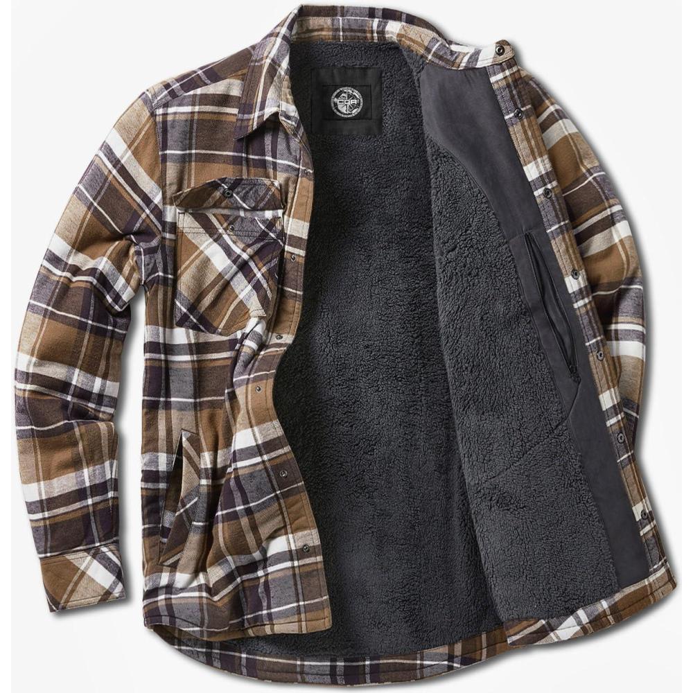 imageCQR Mens Flannel Shirt Jacket Long Sleeve Winter Warm Outdoor Casual Plaid Jacket Coat with PocketsSherpa Stealth Aged Barrel