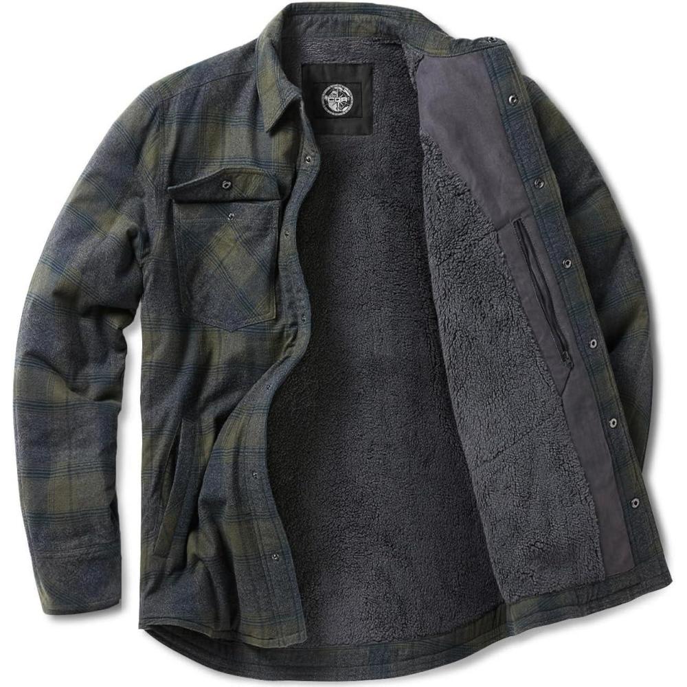imageCQR Mens Flannel Shirt Jacket Long Sleeve Winter Warm Outdoor Casual Plaid Jacket Coat with PocketsSherpa Stealth Amazon Grey