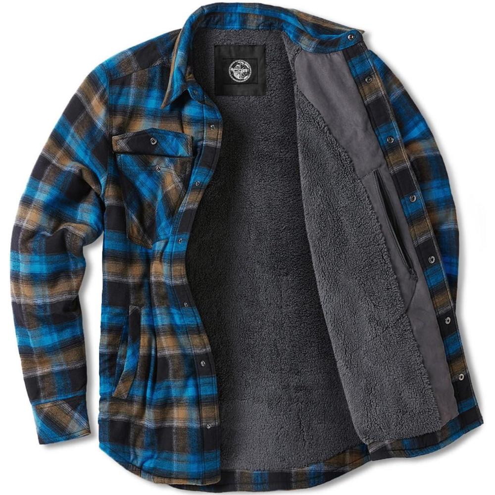 imageCQR Mens Flannel Shirt Jacket Long Sleeve Winter Warm Outdoor Casual Plaid Jacket Coat with PocketsSherpa Stealth Forest Oasis