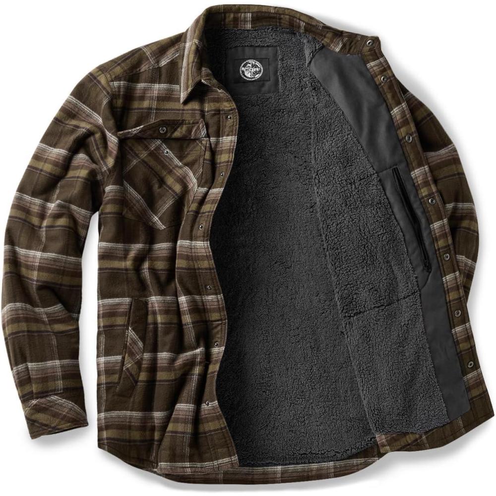imageCQR Mens Flannel Shirt Jacket Long Sleeve Winter Warm Outdoor Casual Plaid Jacket Coat with PocketsSherpa Stealth Hickory Green
