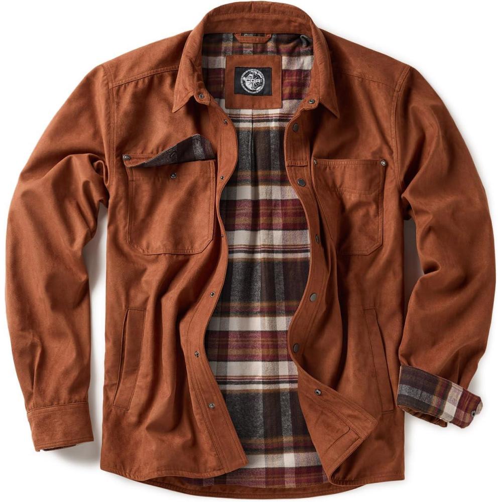 imageCQR Mens Flannel Shirt Jacket Long Sleeve Winter Warm Outdoor Casual Plaid Jacket Coat with PocketsSuede Stealth Copper Brown Folk Tale