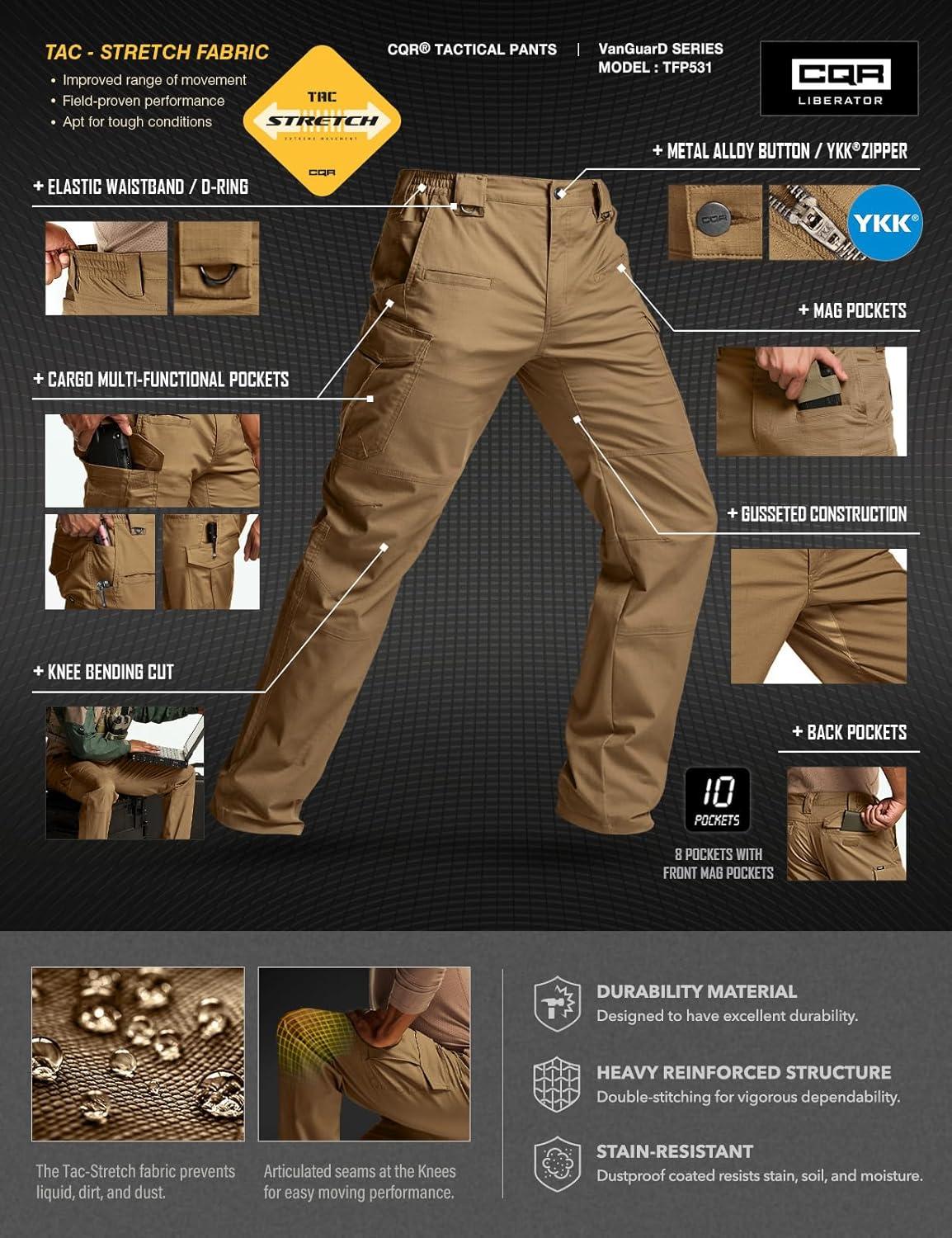 imageCQR Mens Flex Stretch Tactical Pants Water Resistant Ripstop Cargo Pants Lightweight EDC Outdoor Work Hiking PantsTacstretch Cargo Coyote