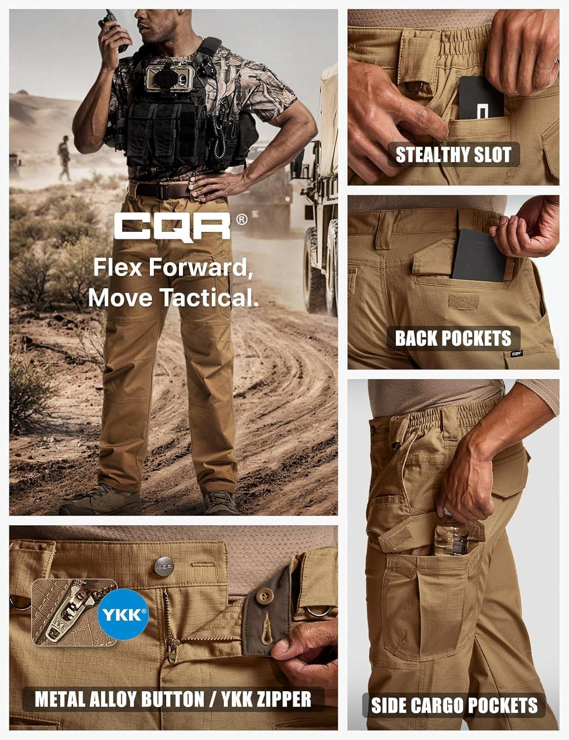 imageCQR Mens Flex Stretch Tactical Pants Water Resistant Ripstop Cargo Pants Lightweight EDC Outdoor Work Hiking PantsTacstretch Cargo Coyote