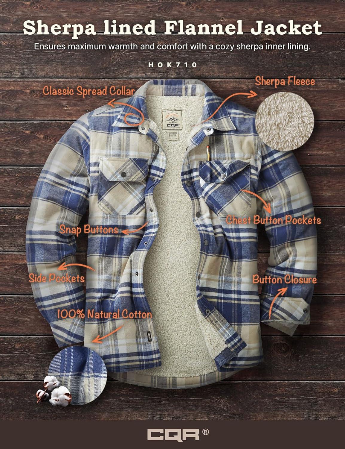 imageCQR Mens Flannel Shirt Jacket Long Sleeve Winter Warm Outdoor Casual Plaid Jacket Coat with Pockets
