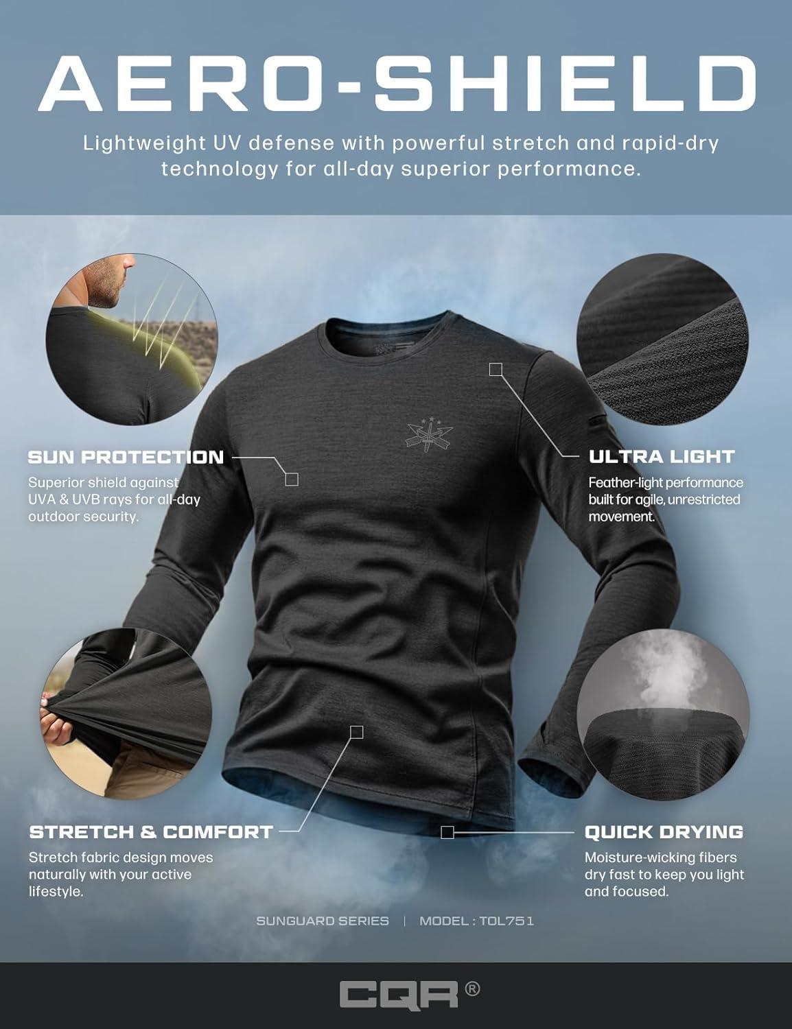 imageCQR Mens UPF 50 Sun Protection Long Sleeve Quick Dry Athletic Shirts Stretch Running Workout Hiking TShirtsNightfall Black
