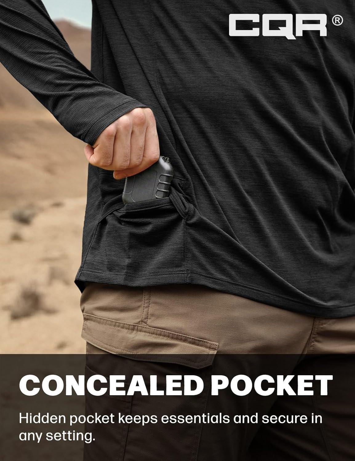 imageCQR Mens UPF 50 Sun Protection Long Sleeve Quick Dry Athletic Shirts Stretch Running Workout Hiking TShirtsNightfall Ex Black