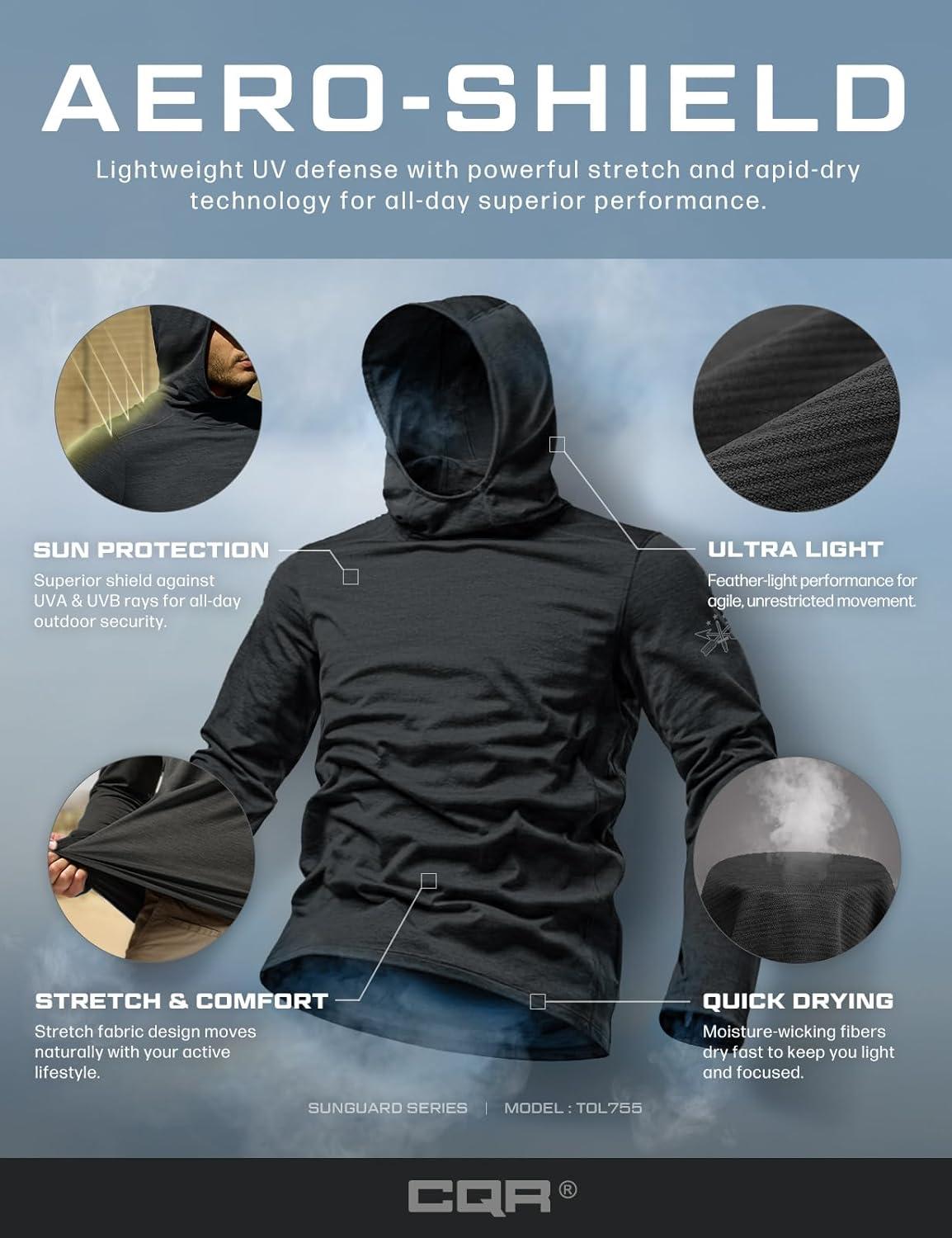 imageCQR Mens UPF 50 Sun Protection Long Sleeve Quick Dry Athletic Shirts Stretch Running Workout Hiking TShirtsNightfall Ex Black