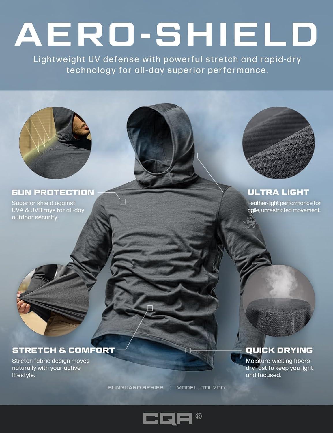 imageCQR Mens UPF 50 Sun Protection Long Sleeve Quick Dry Athletic Shirts Stretch Running Workout Hiking TShirtsNightfall Ex Carbon Grey