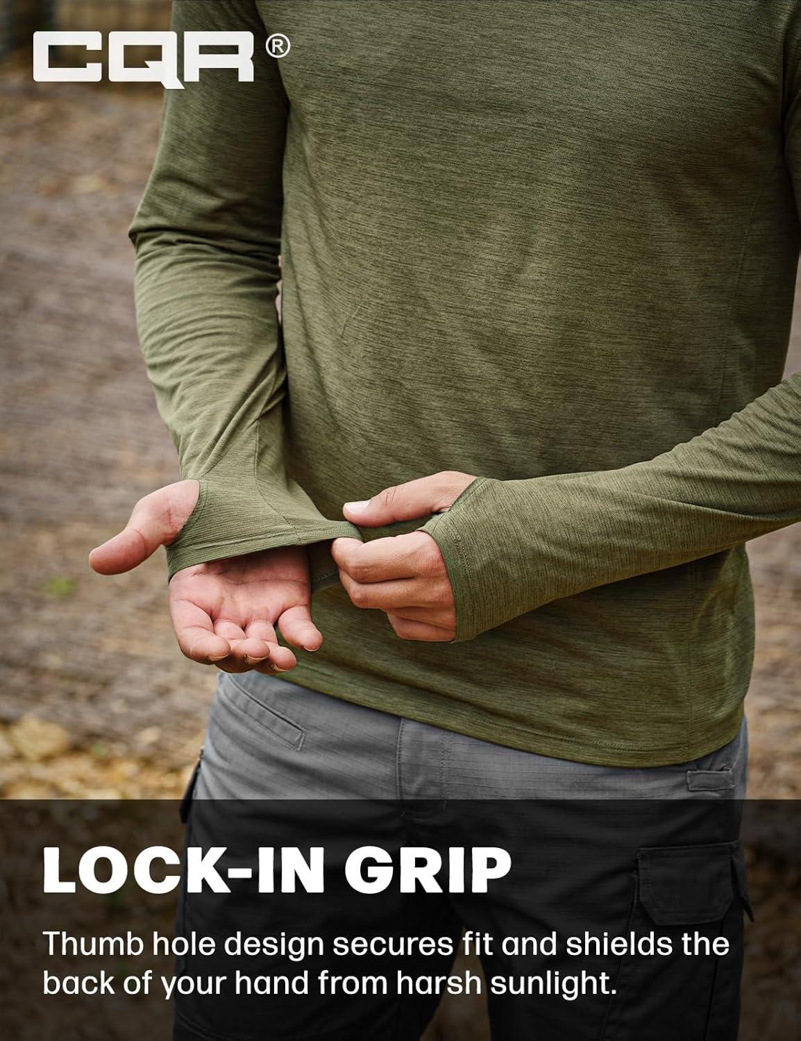 imageCQR Mens UPF 50 Sun Protection Long Sleeve Quick Dry Athletic Shirts Stretch Running Workout Hiking TShirtsNightfall Ex Soil Green