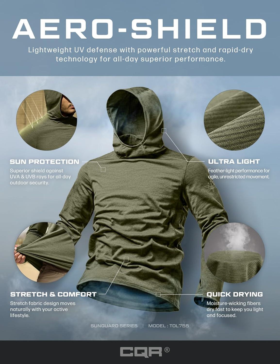 imageCQR Mens UPF 50 Sun Protection Long Sleeve Quick Dry Athletic Shirts Stretch Running Workout Hiking TShirtsNightfall Ex Soil Green