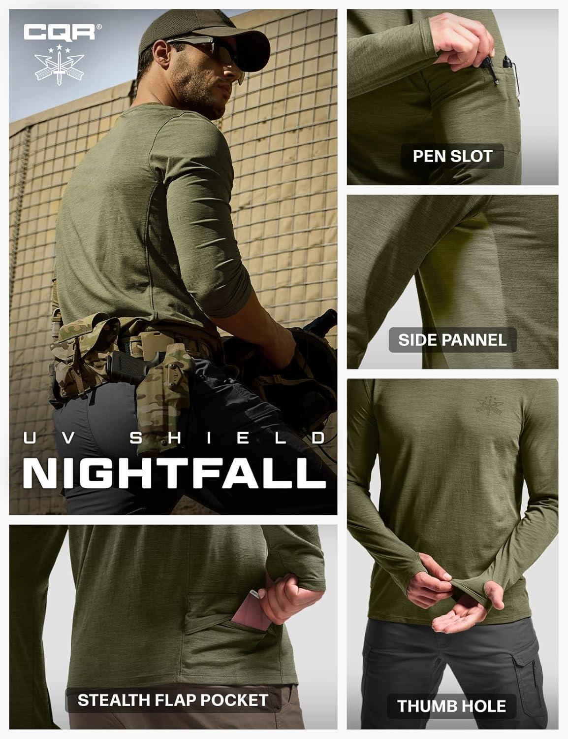 imageCQR Mens UPF 50 Sun Protection Long Sleeve Quick Dry Athletic Shirts Stretch Running Workout Hiking TShirtsNightfall Soil Green