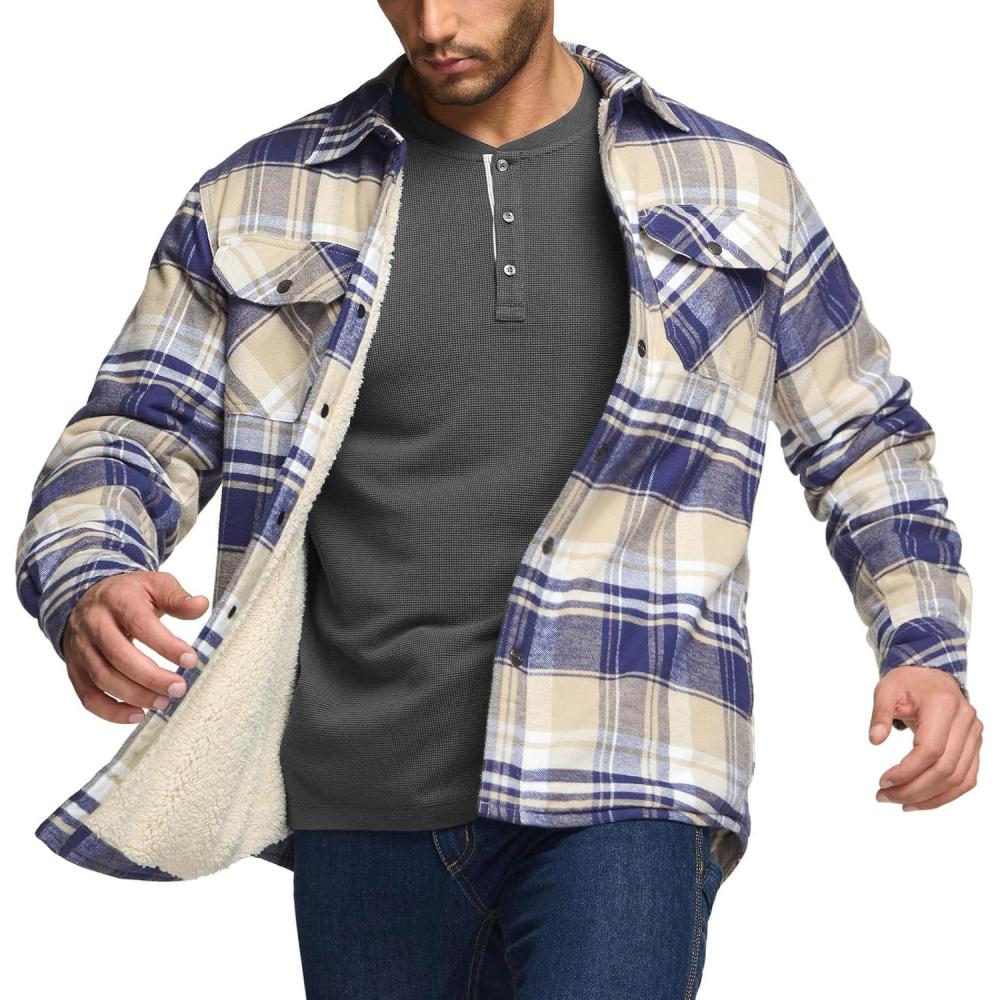 imageCQR Mens Flannel Shirt Jacket Long Sleeve Winter Warm Outdoor Casual Plaid Jacket Coat with Pockets